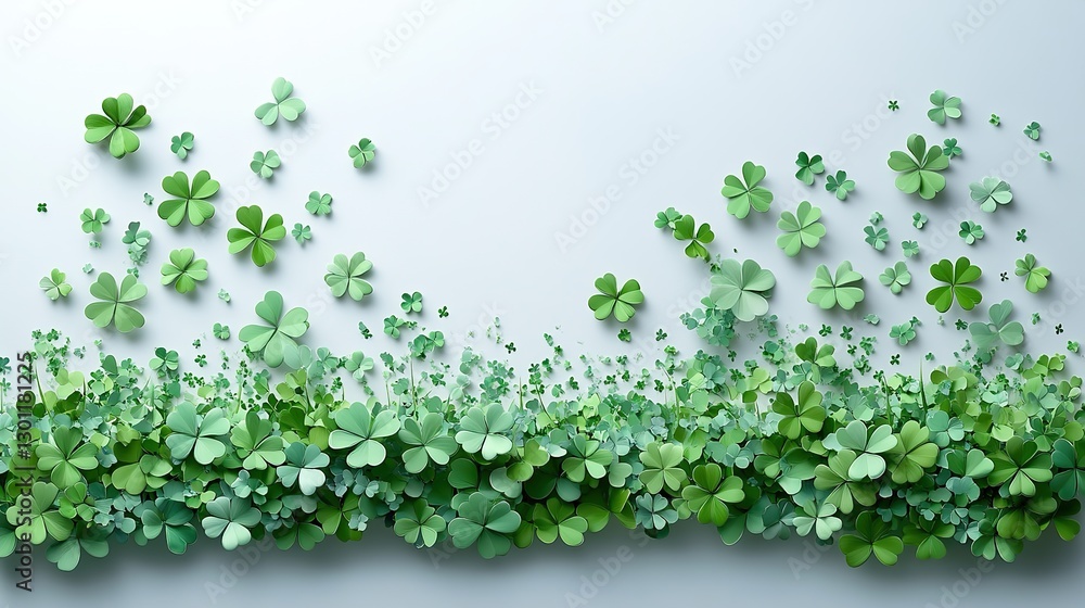 A lightbox with a St. Patrick's Day greeting, shamrock symbols made of green hearts and stars confetti on a white background. A lightbox with a St. Patrick's Day greeting, shamrock symbols made of green hearts and stars confetti on a white background.