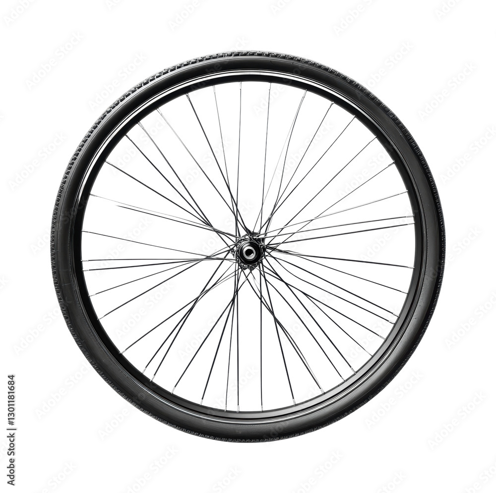 Bike wheel is displayed prominently against a white backdrop, showcasing its modern design and craftsmanship for an effective bicycle presentation, cut out Bike wheel is displayed prominently against a white backdrop, showcasing its modern design and craftsmanship for an effective bicycle presentation, cut out