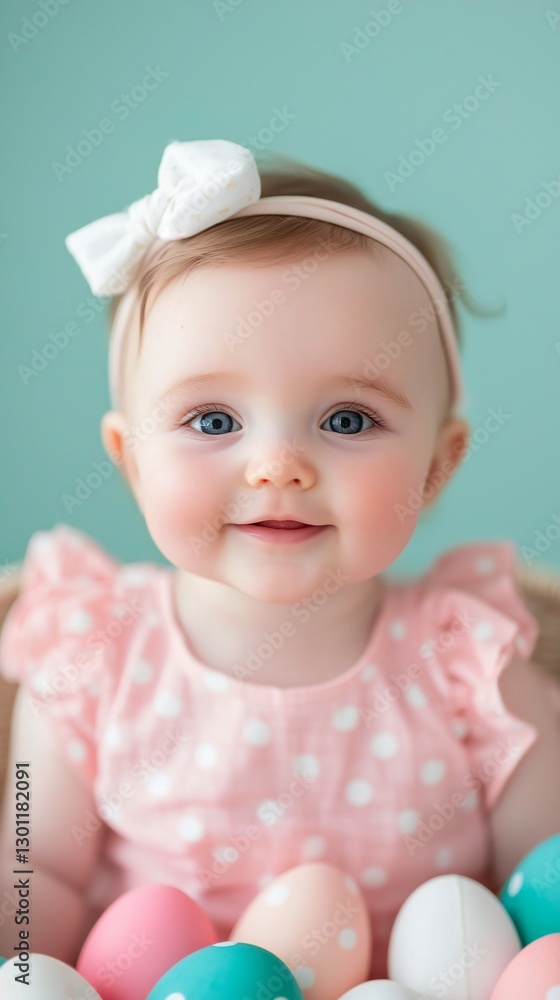 Easter Holiday, Easter Concept, Adorable Baby Girl with Bow Headband Surrounded by Pastel Easter Eggs Easter Holiday, Easter Concept, Adorable Baby Girl with Bow Headband Surrounded by Pastel Easter Eggs