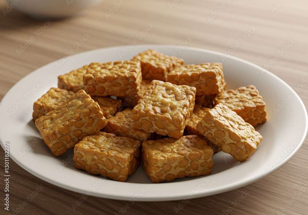 A plate of crispy fried tempeh pieces, a traditional Indonesian dish made from fermented soybeans, rich in protein and flavor, perfect as a snack or side. A plate of crispy fried tempeh pieces, a traditional Indonesian dish made from fermented soybeans, rich in protein and flavor, perfect as a snack or side.