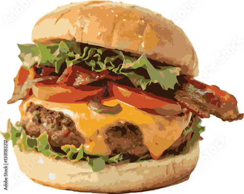Flat vector style burgers featuring sesame seed buns, juicy beef patties