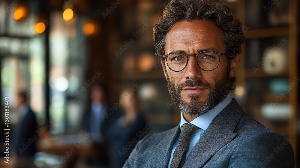 A man in a tailored suit with arms folded, sporting a focused expression, is set against an indistinct office setting with team members in the backdrop, portraying his skills in corporate strategy.