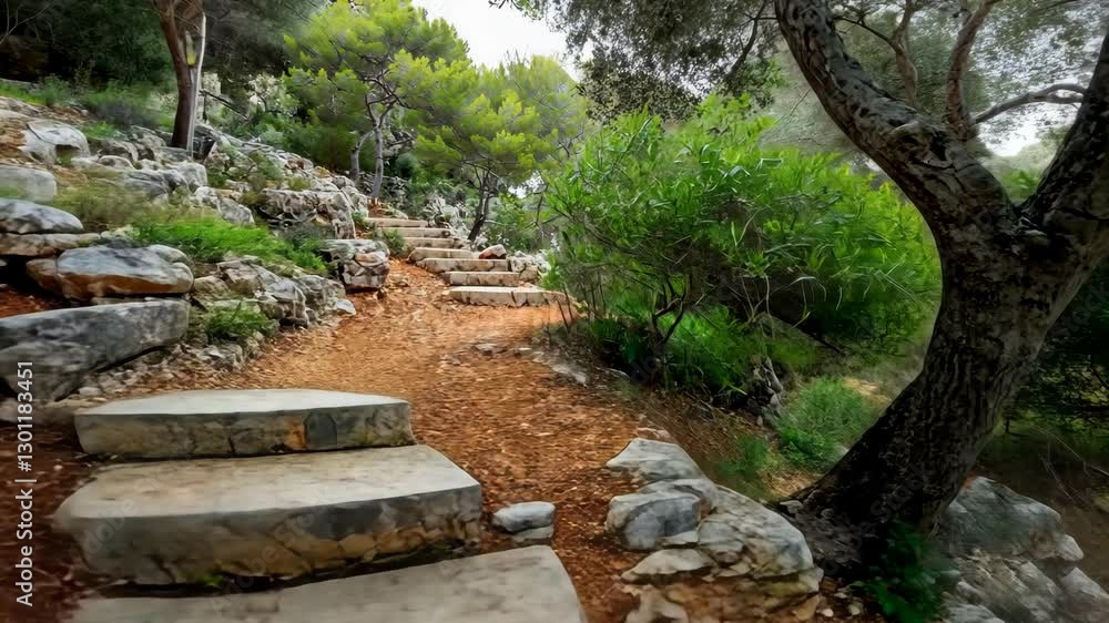 Scenic pathway through a serene natural setting adorned with lush greenery and stone steps Scenic pathway through a serene natural setting adorned with lush greenery and stone steps