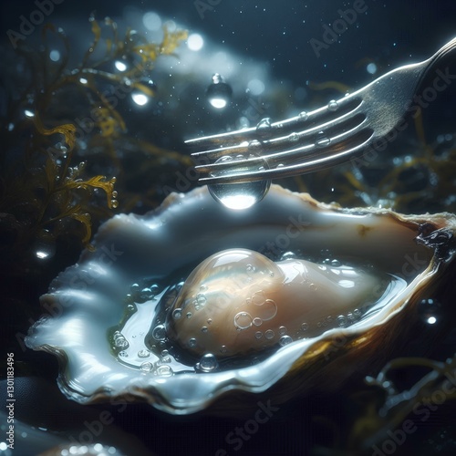 A mystical, softly lit close-up of a freshly opened oyster resting on a bed of seaweed. The pearl-like shine of the oyster’s flesh catches the light, and tiny water droplets glisten like ocean mist. A photo