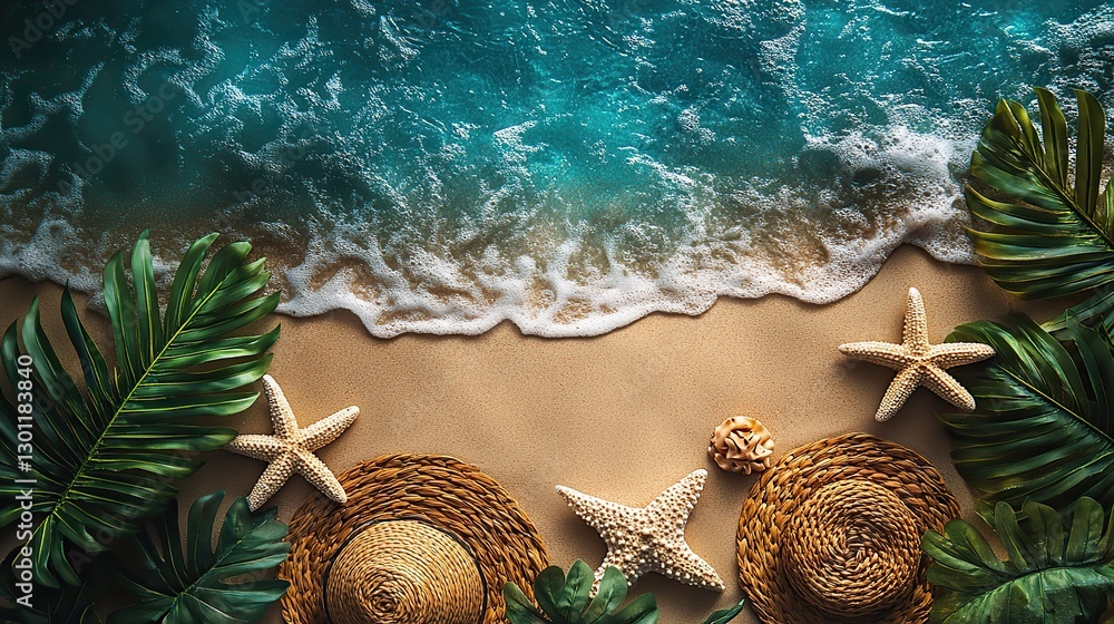 Naklejka premium A mesmerizing top view of summer holiday essentials arranged on a sandy beach with a circle for your text or ad.