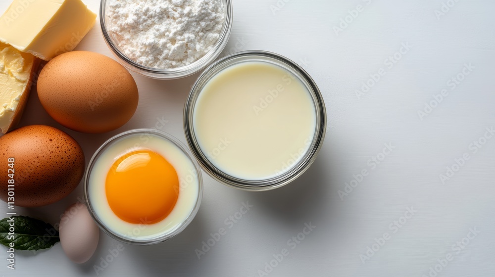 Close up of a white background with a bowl of milk, a bowl of eggs, and a bowl of flour Close up of a white background with a bowl of milk, a bowl of eggs, and a bowl of flour
