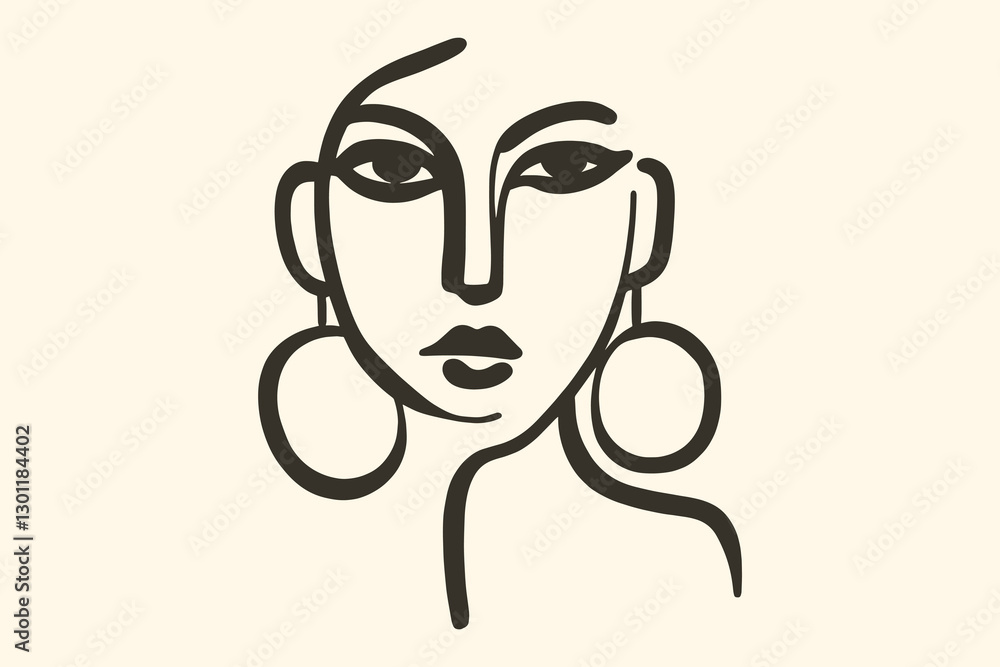 Fototapeta premium Abstract woman portrait with earrings, line art icon, monochrome