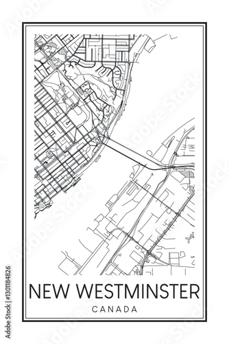 Printable downtown road map poster of the Canadian city of NEW WESTMINSTER on solid white background with city name