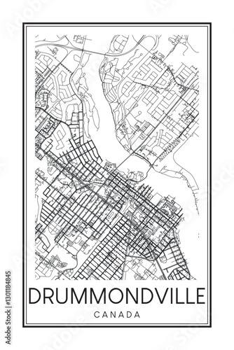 Printable downtown road map poster of the Canadian city of DRUMMONDVILLE on solid white background with city name