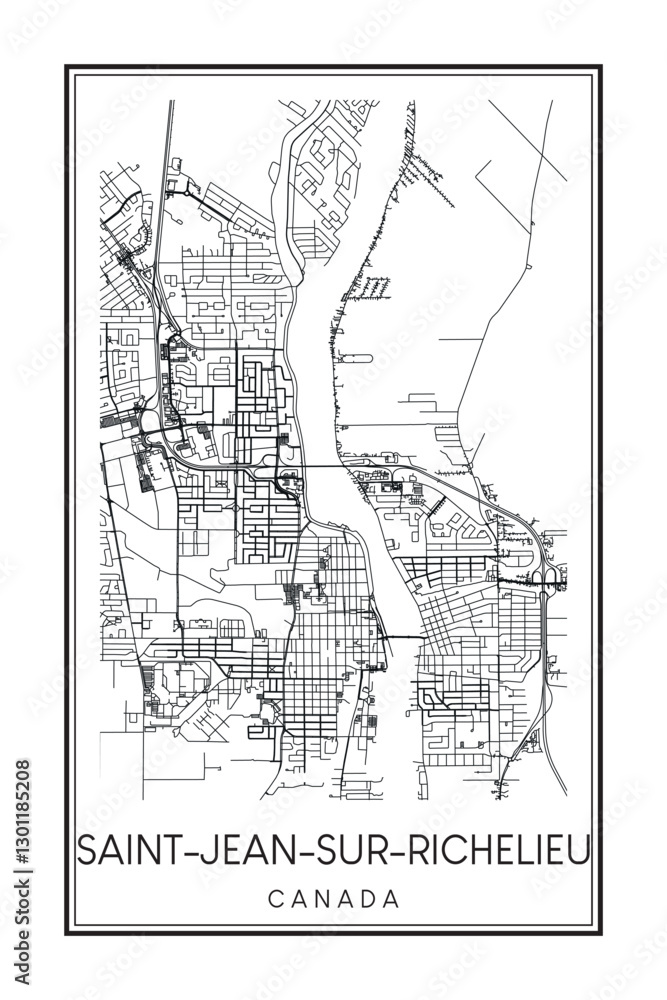 Obraz premium Printable downtown road map poster of the Canadian city of SAINT-JEAN-SUR-RICHELIEU on solid white background with city name