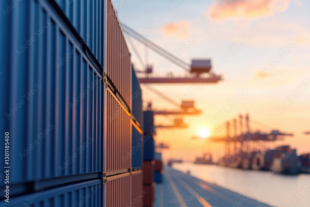 close-up of shipping containers stacked at bustling port cranes lifting loads into distance as setting sun casts orange close-up of shipping containers stacked at bustling port cranes lifting loads into distance as setting sun casts orange