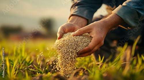 Person is holding a bag of grain in their hands. The grain is scattered on the ground, and the person is standing in a field. Concept of work and labor