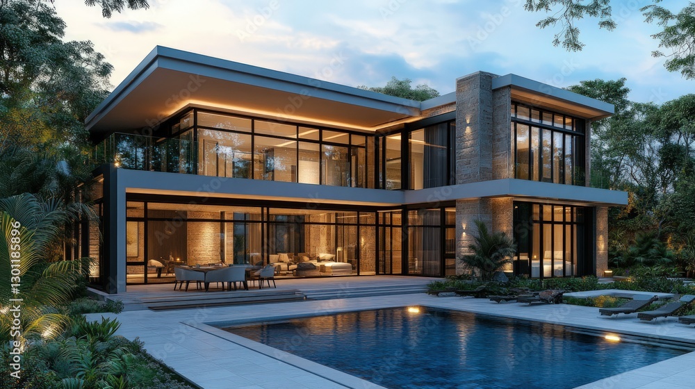 Modern luxury home with a swimming pool and large windows, set against a lush green backdrop. Modern luxury home with a swimming pool and large windows, set against a lush green backdrop.