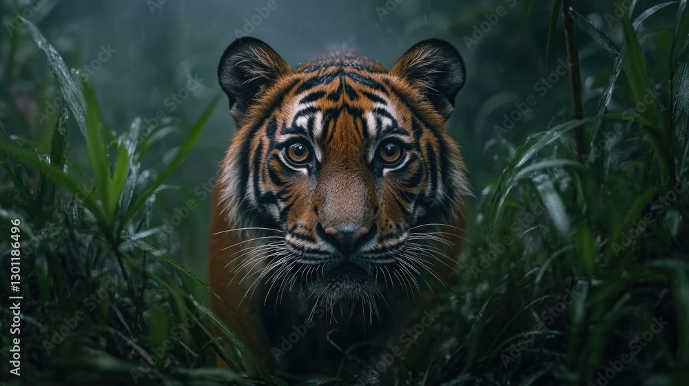 A majestic tiger stares intensely from the rainforest foliage. A majestic tiger stares intensely from the rainforest foliage.