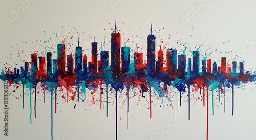 Abstract Cityscape Painting Red Blue Teal Splashes Urban Art