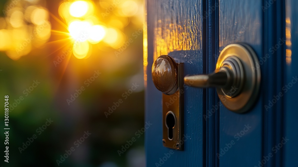Obraz premium Golden Door Handle Sunset Light Blue Door Exterior Home Entrance New Beginning Warm Light Summer Evening Peaceful Tranquil Scene Open Doorway 