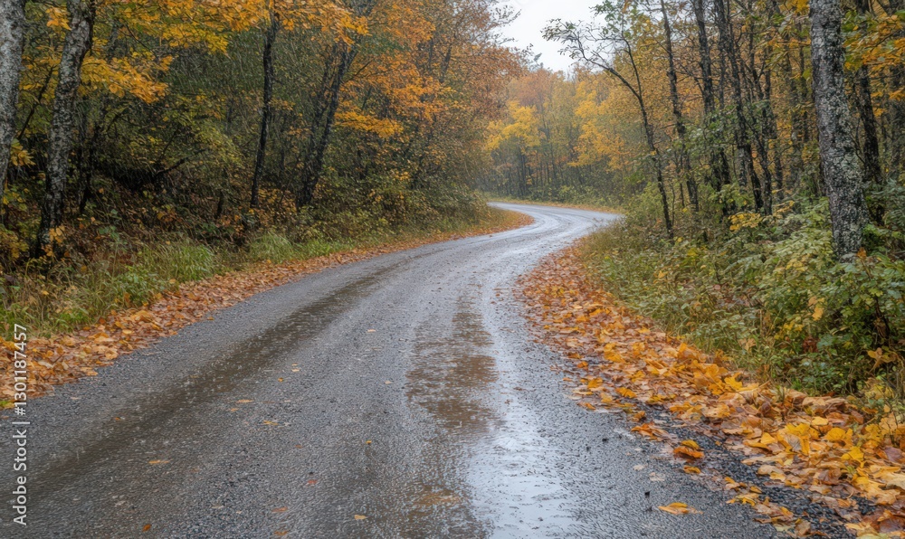 Rainy Autumn Road Through a Forest of Yellow and Orange Leaves Rainy Autumn Road Through a Forest of Yellow and Orange Leaves