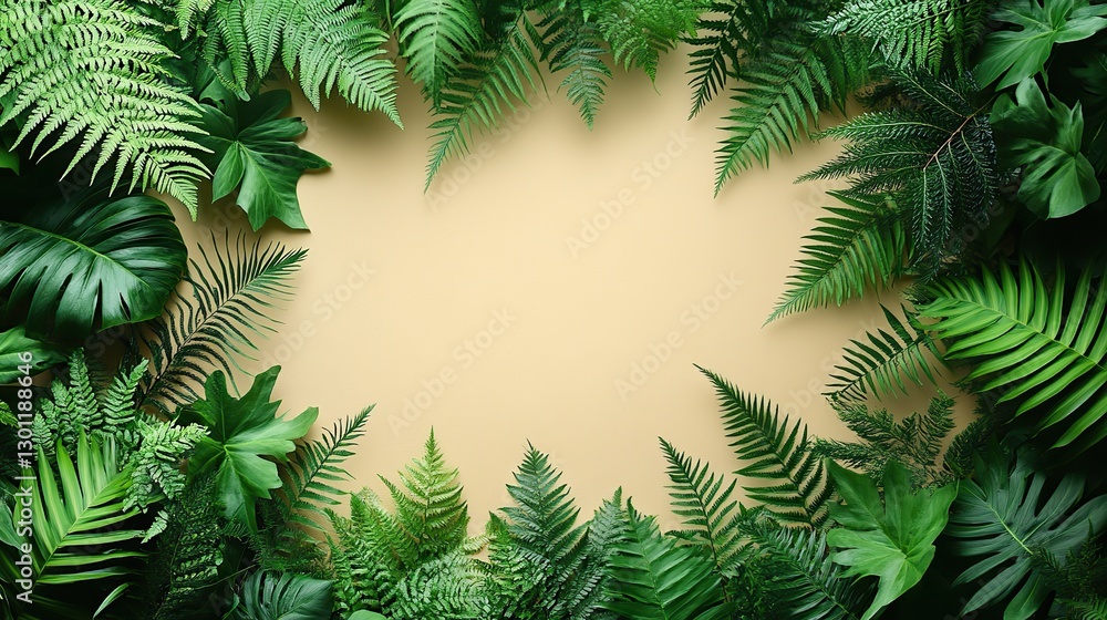 A plain eco design concept an above view vertical picture of an empty place with bracken branches on an isolated beige background with copy space. A plain eco design concept an above view vertical picture of an empty place with bracken branches on an isolated beige background with copy space.