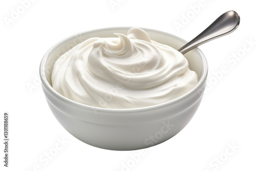 White yogurt or sour cream in bowl with spoon.