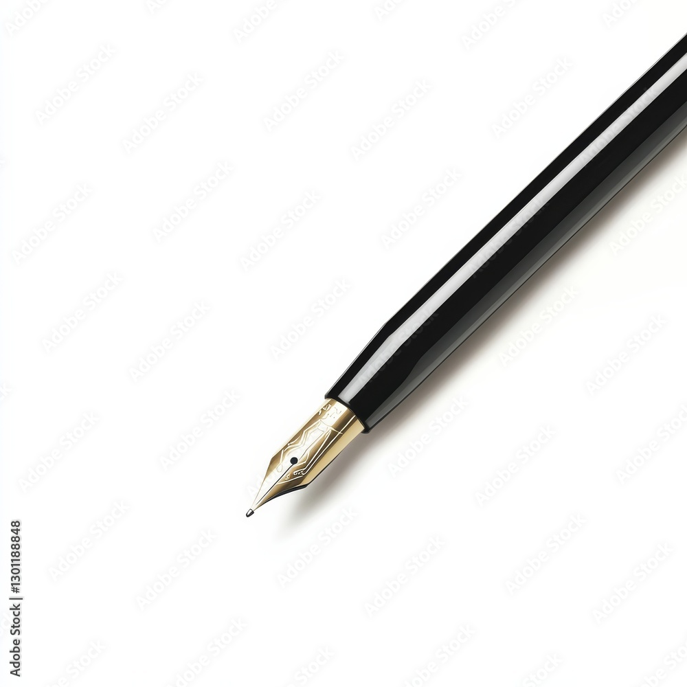 Elegant Black Fountain Pen with Golden Nib on White Background, Close-up for Writing and Design Concepts Elegant Black Fountain Pen with Golden Nib on White Background, Close-up for Writing and Design Concepts