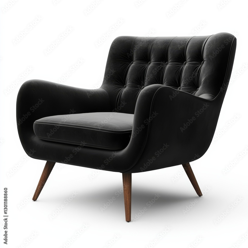 Naklejka premium Elegant Black Velvet Armchair with Tufted Backrest and Wooden Legs on White Background