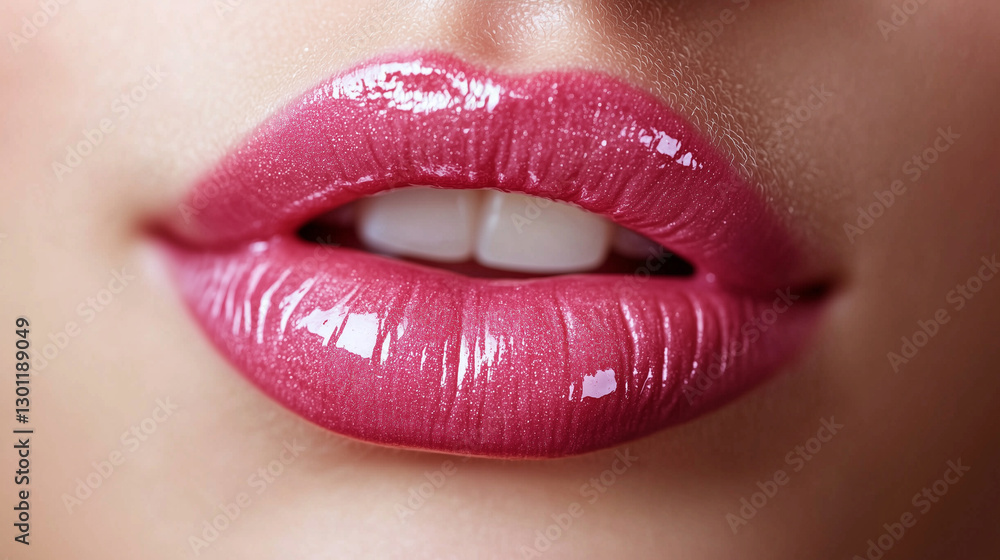 Obraz premium High-resolution close-up of shiny pink lips with a glossy finish, showcasing beauty and cosmetics.