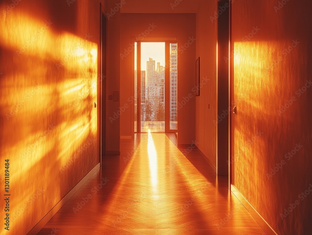 Sunlight streams through an open doorway in a modern hallway, illuminating the wooden floor and casting long shadows on the walls. Sunlight streams through an open doorway in a modern hallway, illuminating the wooden floor and casting long shadows on the walls.
