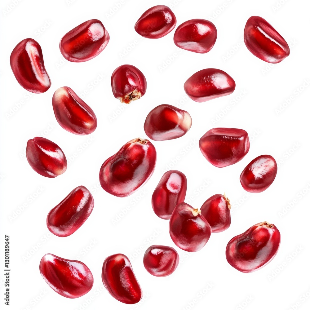 Scattered Pomegranate Seeds on White Backdrop - A Close-Up of Fresh, Juicy and Vibrant Red Arils Scattered Pomegranate Seeds on White Backdrop - A Close-Up of Fresh, Juicy and Vibrant Red Arils