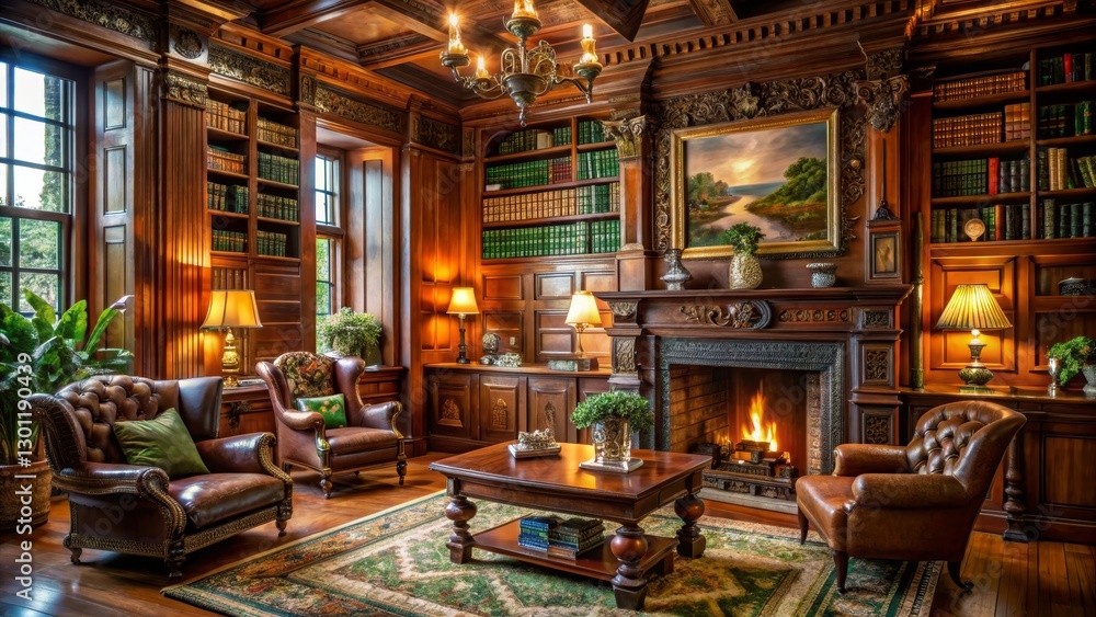 A Luxurious Library with Ornate Wood Paneling, a Cozy Fireplace, and Comfortable Leather Seating, Perfect for Quiet Reading and Relaxation A Luxurious Library with Ornate Wood Paneling, a Cozy Fireplace, and Comfortable Leather Seating, Perfect for Quiet Reading and Relaxation