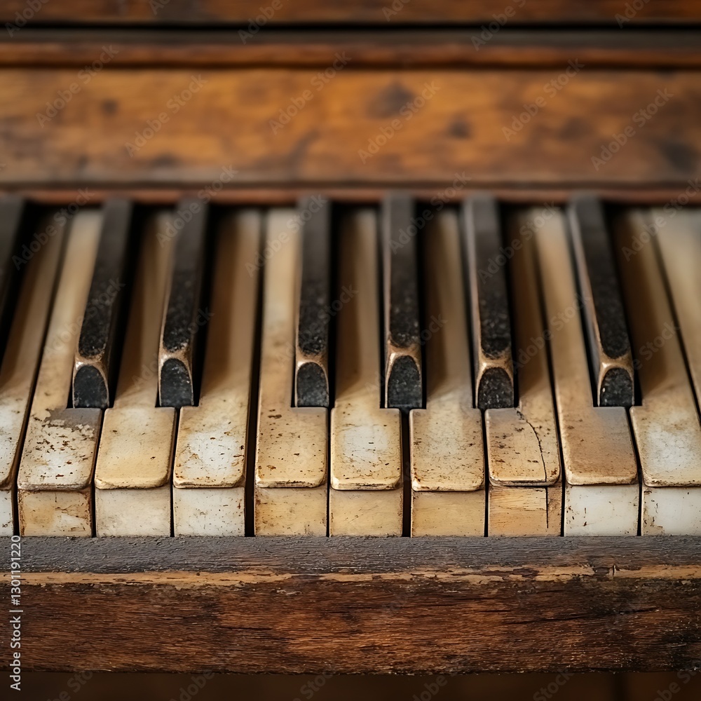 Antique Piano Keys Close-Up, Rustic Background Antique Piano Keys Close-Up, Rustic Background