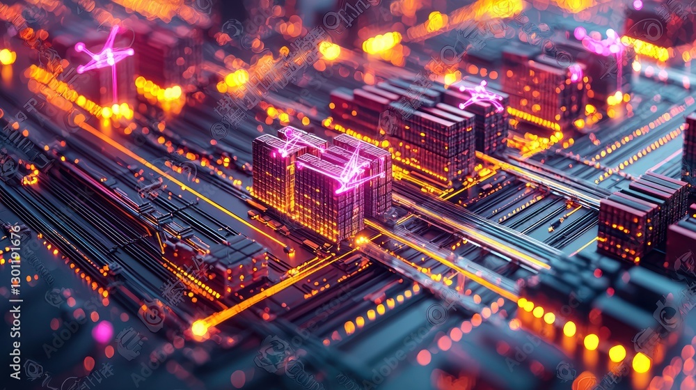 Fototapeta premium Cyberpunk Cityscape: Digital Metropolis on a Circuit Board