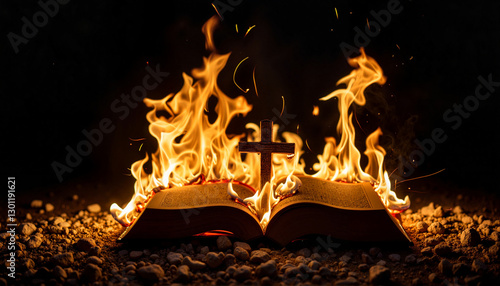 Sacred book burning in night, symbolism of destruction and renewal