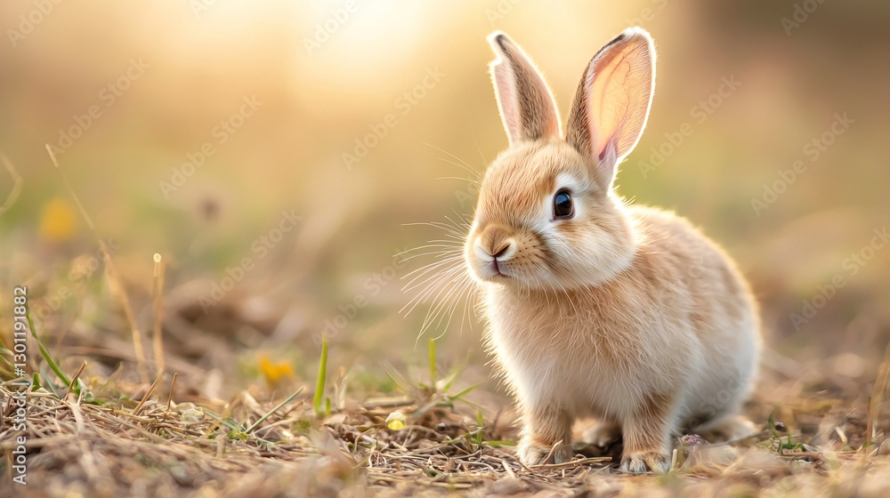 Fototapeta premium Easter Holiday, Easter Concept, Adorable Fluffy Bunny Rabbit in Golden Sunset Meadow Springtime Nature