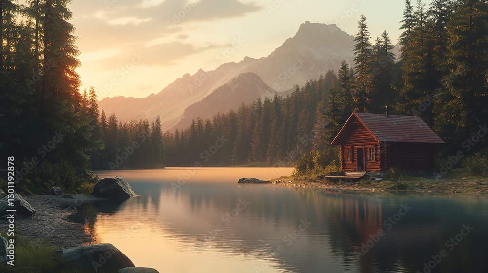 Fototapeta premium Remote Alpine Lake Surrounded by Snow-Capped Peaks and Dense Pine Forests