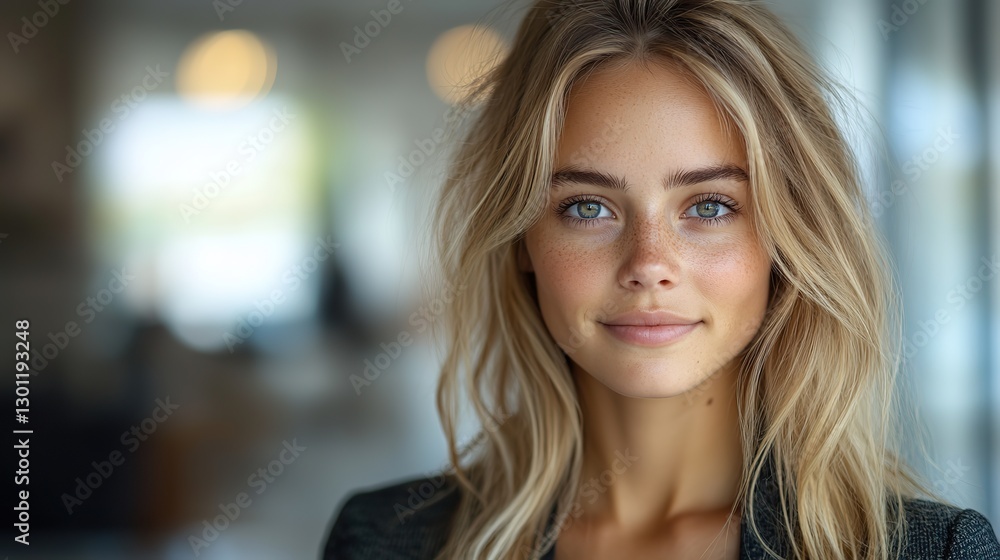 Fototapeta premium A radiant blonde woman in formal attire beams in this snapshot, showcasing her proficiency in business ideas against a blurred office backdrop.