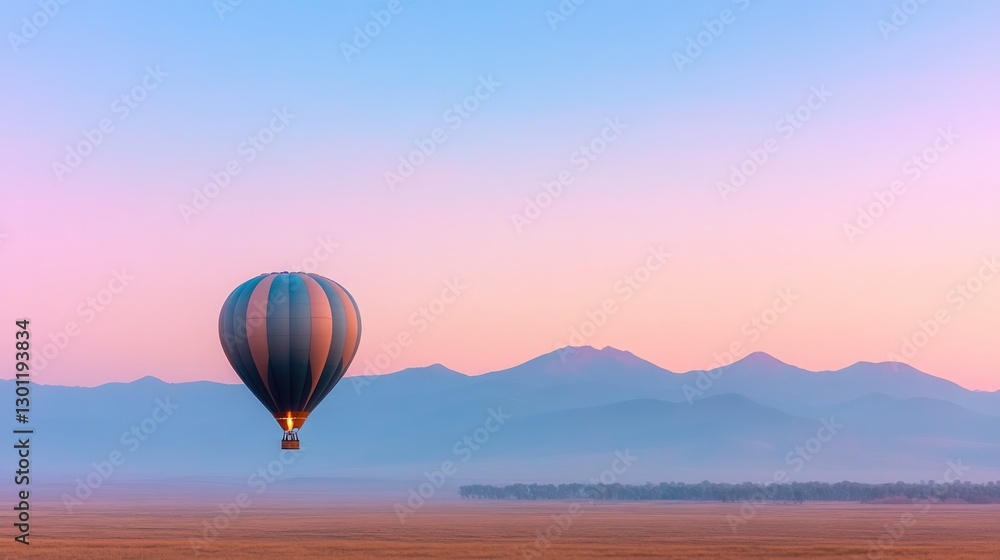 Obraz premium single hot air balloon drifts serenely at dawn its vibrant colors contrasting pastel morning sky over open plain mountains