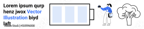 Woman plugging device into a large battery icon near a tree. Typography element. Ideal for sustainability, renewable energy, eco-technology, environment, conservation, energy storage, flat landing