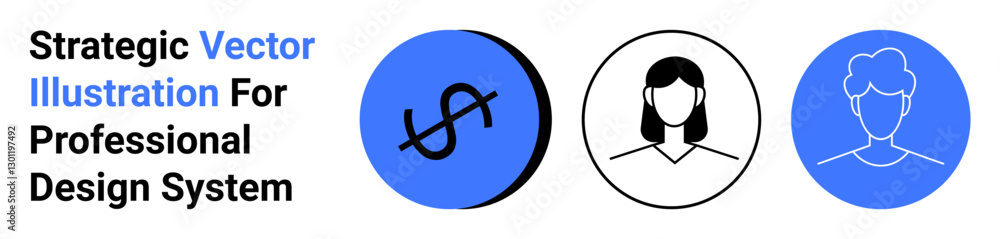Dollar sign, female profile outline, and male profile icon in bold black and blue circles. Ideal for finance, team branding, profiles, user interface, business, identity flat landing page banner Dollar sign, female profile outline, and male profile icon in bold black and blue circles. Ideal for finance, team branding, profiles, user interface, business, identity flat landing page banner