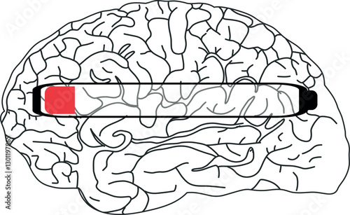 The image shows a black and white illustration of a brain with a horizontal progress bar partially filled in red.