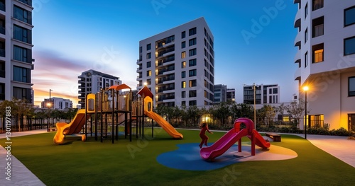 Evening playtime at modern apartment playground urban area outdoor scene vibrant environment captured perspective