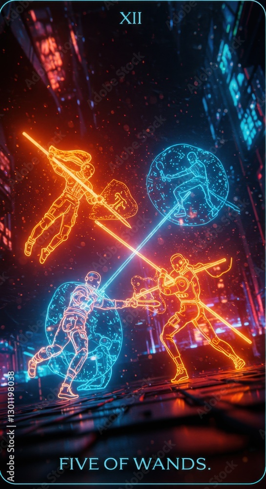 Fototapeta premium Neon-Laced Five of Wands Tarot Card - Digital Figures Engaged in a Struggle