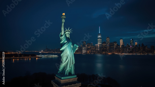 iconic statue stands tall against New York skyline at night, illuminating harbor with its torch