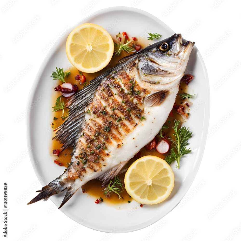 mage of grilled fish, isolated image on white background mage of grilled fish, isolated image on white background