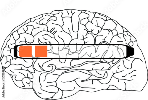  The image shows a black and white illustration of a brain with a horizontal progress bar partially filled in orange.