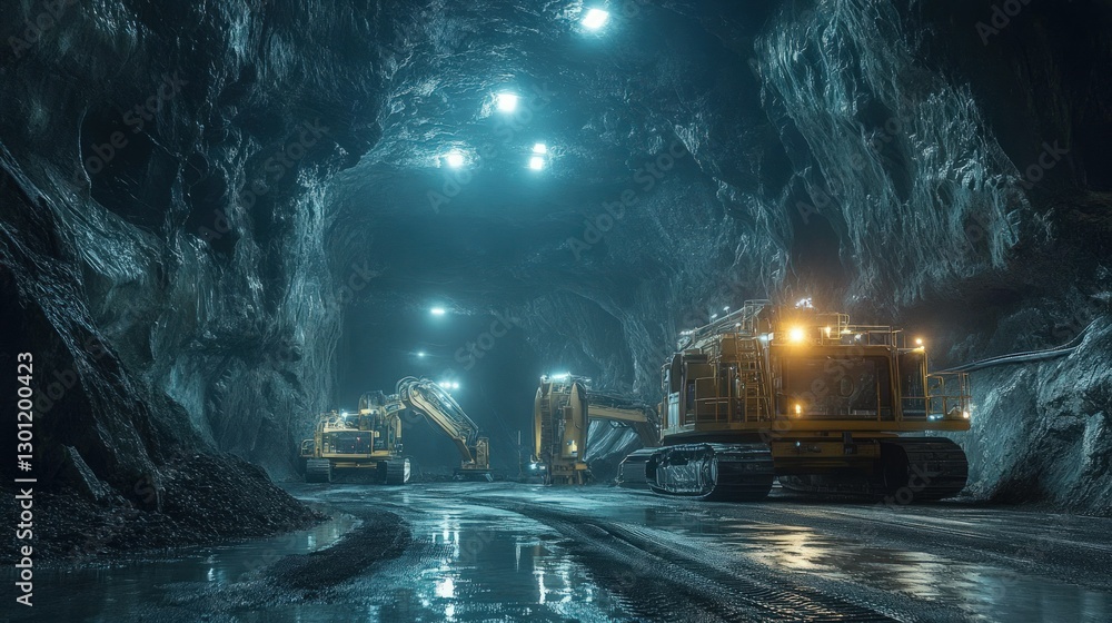 Three yellow mining vehicles are parked in a dark tunnel with lights. Three yellow mining vehicles are parked in a dark tunnel with lights.