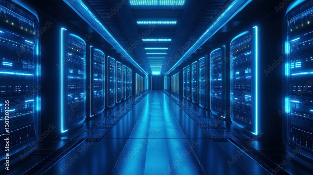 A long hallway inside a server room with blue neon lights and rows of black server racks. A long hallway inside a server room with blue neon lights and rows of black server racks.