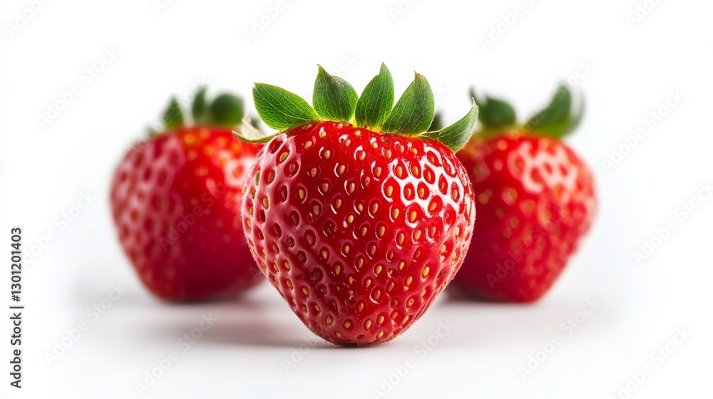 Three red strawberries are shown in a row on a white background. The strawberries are ripe and ready to be eaten Three red strawberries are shown in a row on a white background. The strawberries are ripe and ready to be eaten