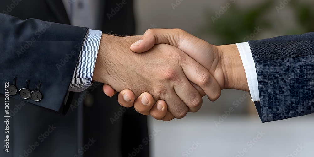 Business leaders emphasizing collaboration through handshake over contract in modern office environment Business leaders emphasizing collaboration through handshake over contract in modern office environment