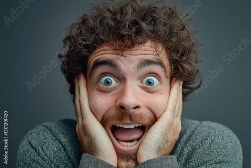 A cheerful man with curly hair exuberantly enjoying life as he smiles, showcasing positivity and joy. photo