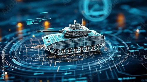 A high-tech armored tank with a glowing digital interface and futuristic holographic display represents modern military innovation. Concept of advanced defense systems, artificial intelligence, and cy